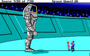 Space Quest III: The Pirates of Pestulon for IBM PC/Compatibles - Roger is escorted to a combat vehicle.
