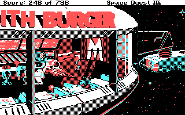 Space Quest III: The Pirates of Pestulon IBM PC/Compatibles Screenshot: Stop for a bite to eat at Monolith Burger.