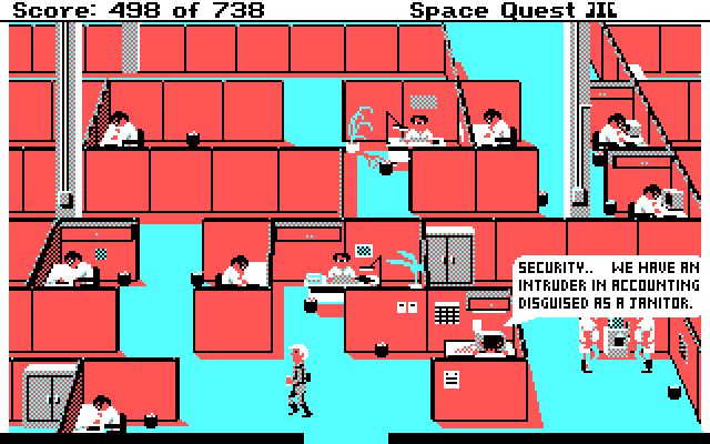 Space Quest III: The Pirates of Pestulon IBM PC/Compatibles Screenshot: Uh oh, Roger's been spotted!