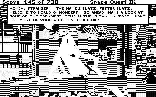Space Quest III: The Pirates of Pestulon IBM PC/Compatibles Screenshot: This guy trys to sell you everything.