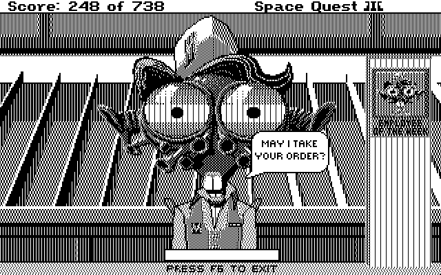 Space Quest III: The Pirates of Pestulon IBM PC/Compatibles Screenshot: May I take your order?