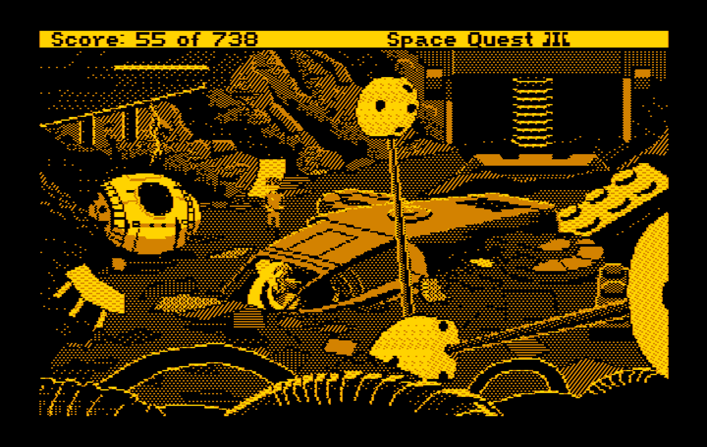 Space Quest III: The Pirates of Pestulon IBM PC/Compatibles Screenshot: Ah, a spaceship! I wonder if I can fix it?