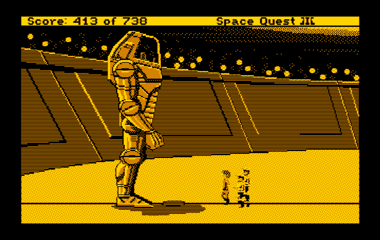 Space Quest III: The Pirates of Pestulon IBM PC/Compatibles Screenshot: Time to battle in giant robots!