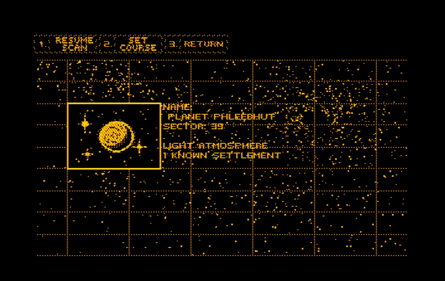 Space Quest III: The Pirates of Pestulon IBM PC/Compatibles Screenshot: Scanning for someplace to go...Phleebhut looks safe!