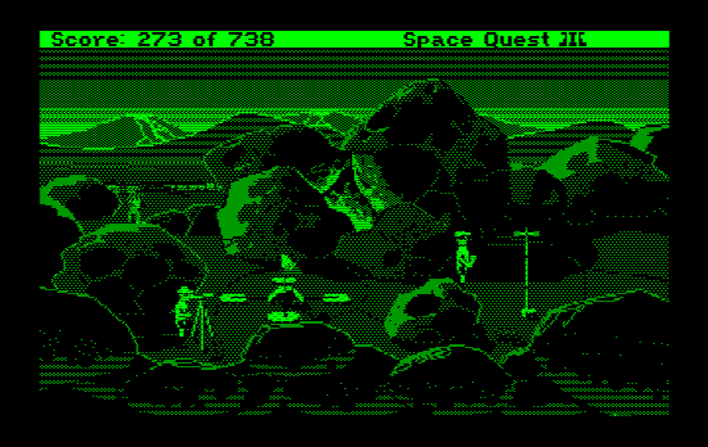 Space Quest III: The Pirates of Pestulon IBM PC/Compatibles Screenshot: These guys look suspicious...