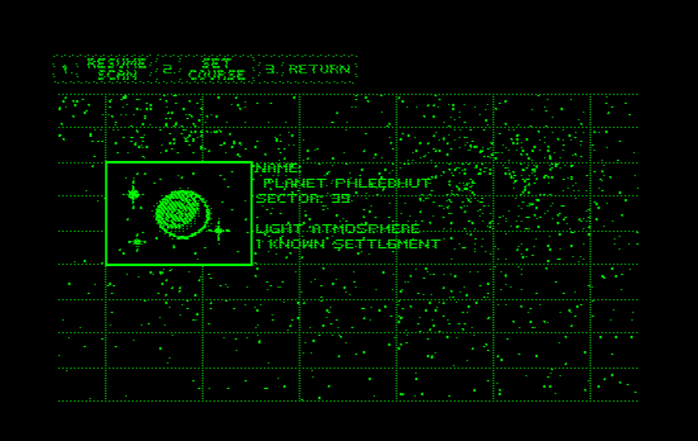 Space Quest III: The Pirates of Pestulon IBM PC/Compatibles Screenshot: Scanning for someplace to go...Phleebhut looks safe!