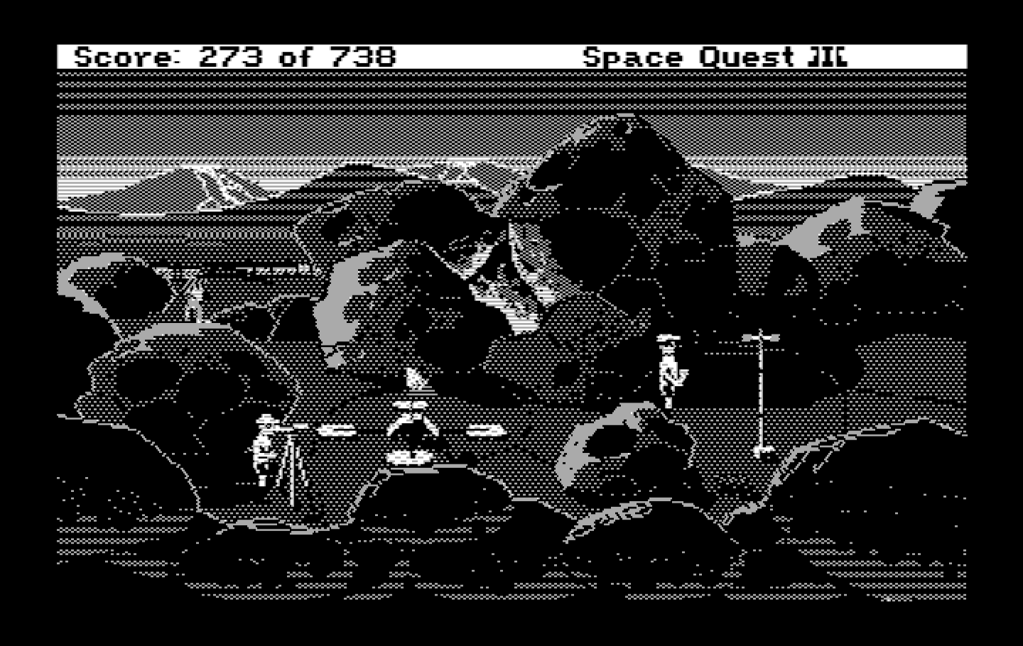 Space Quest III: The Pirates of Pestulon IBM PC/Compatibles Screenshot: These guys look suspicious...