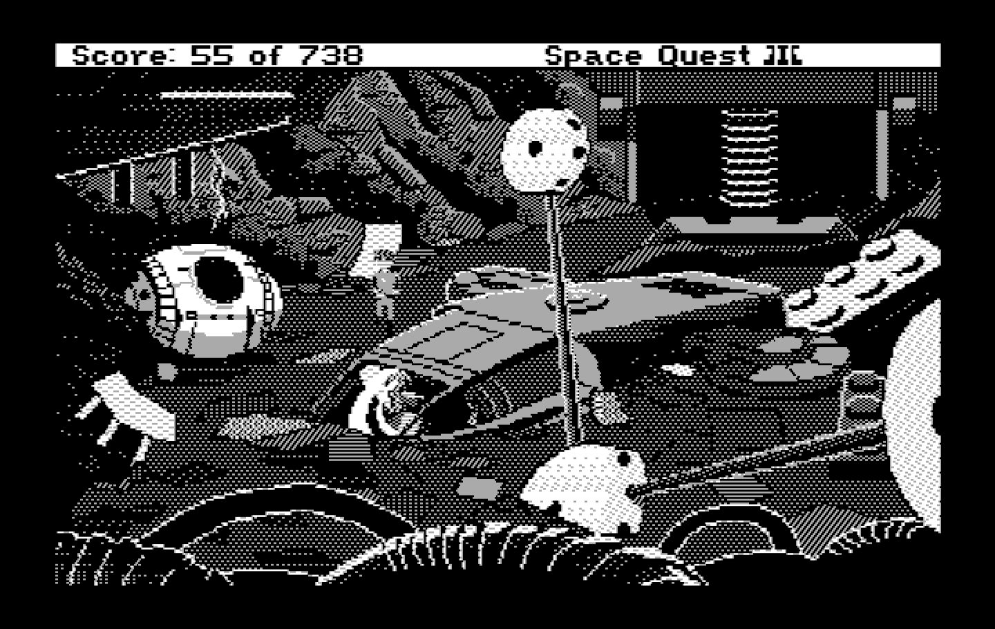 Space Quest III: The Pirates of Pestulon IBM PC/Compatibles Screenshot: Ah, a spaceship! I wonder if I can fix it?