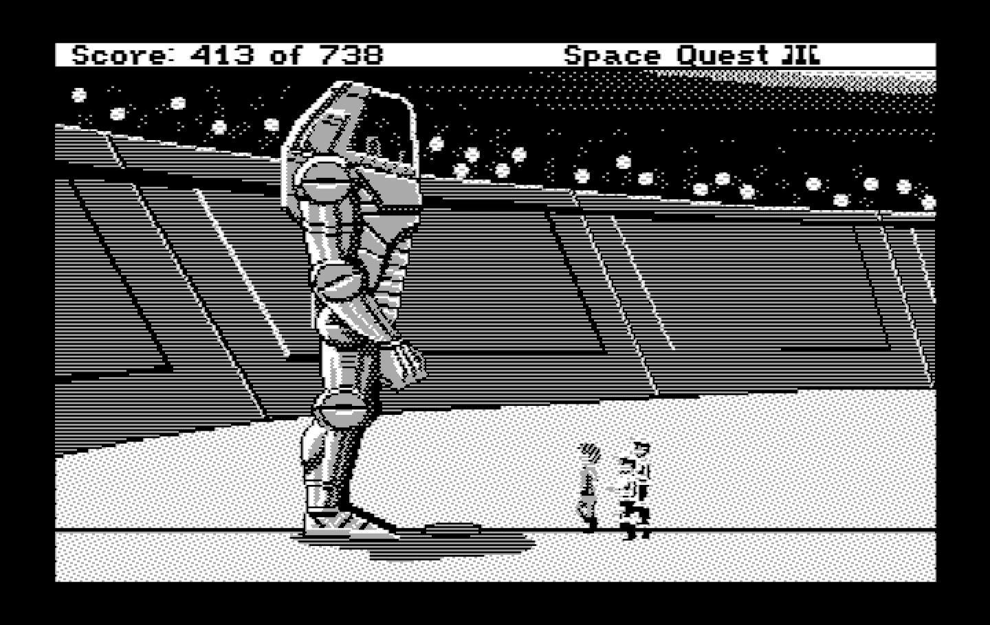 Space Quest III: The Pirates of Pestulon IBM PC/Compatibles Screenshot: Time to battle in giant robots!