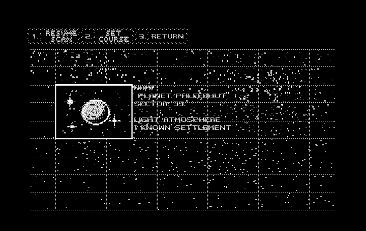 Space Quest III: The Pirates of Pestulon IBM PC/Compatibles Screenshot: Scanning for someplace to go...Phleebhut looks safe!