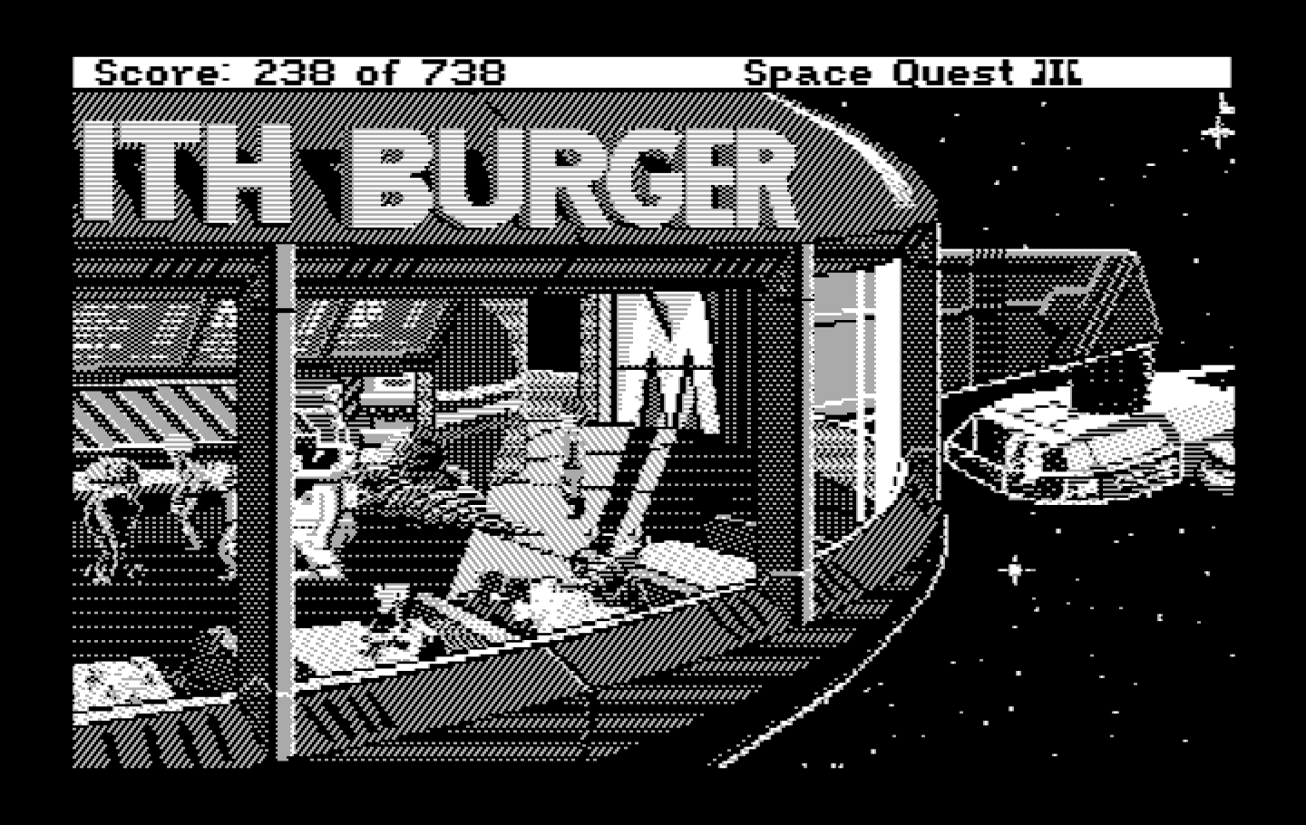 Space Quest III: The Pirates of Pestulon IBM PC/Compatibles Screenshot: Time for some fast food!