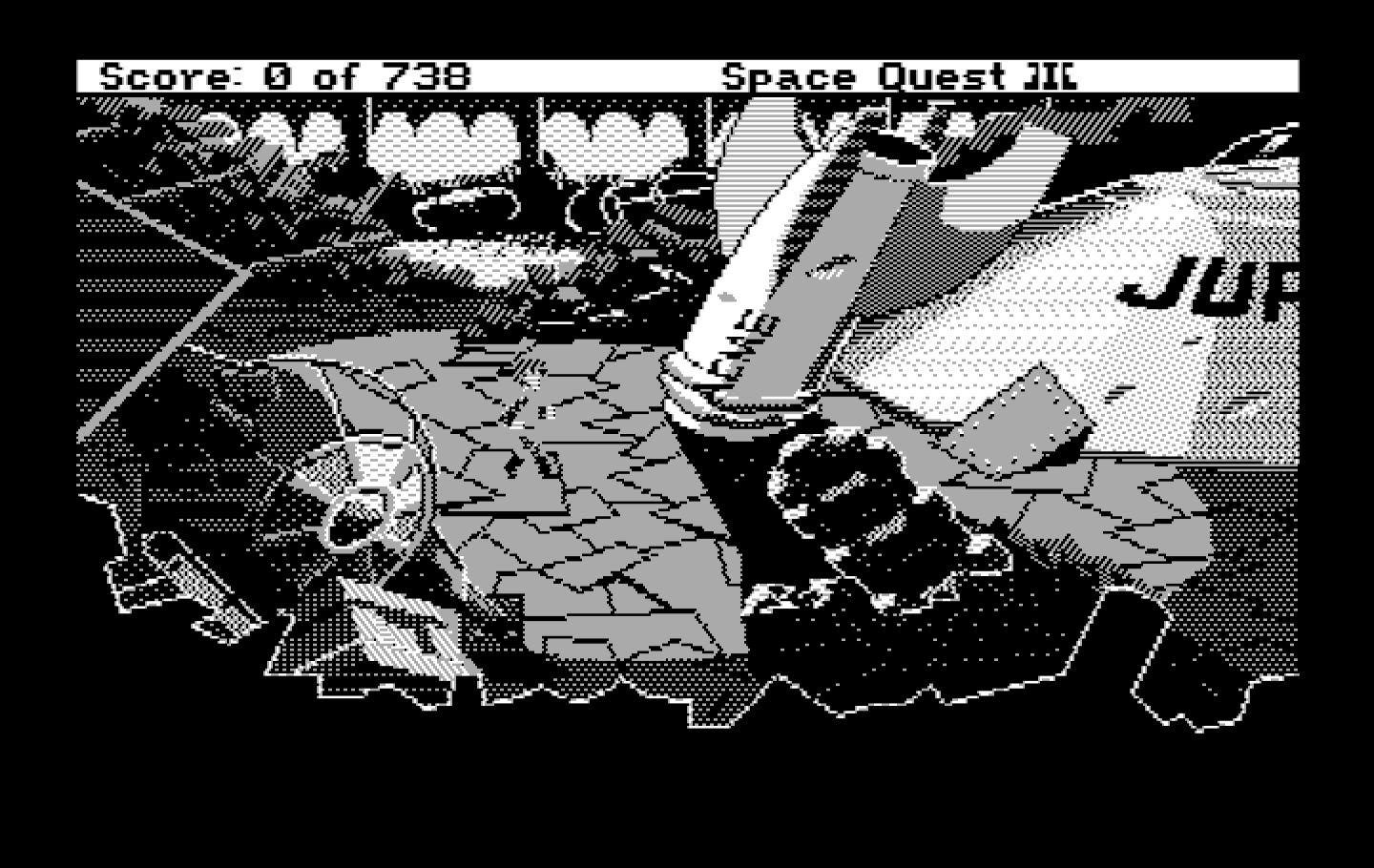Space Quest III: The Pirates of Pestulon IBM PC/Compatibles Screenshot: Roger explores the garbage freighter.
