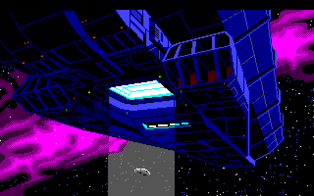 Space Quest III: The Pirates of Pestulon Amiga Screenshot: Roger is beamed aboard a garbage freighter.