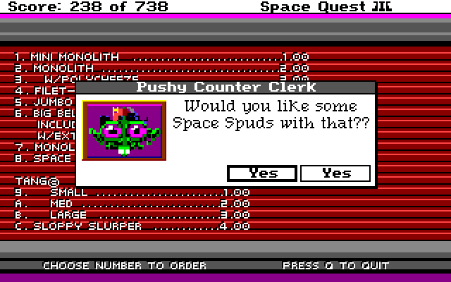 Space Quest III: The Pirates of Pestulon Amiga Screenshot: Do you want any space spuds with your order?