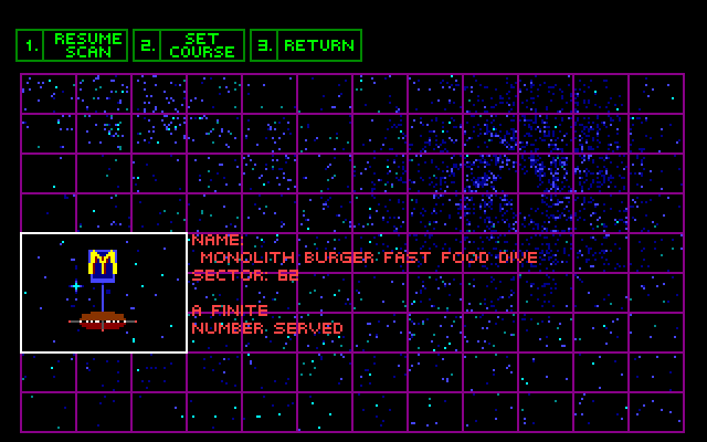 Space Quest III: The Pirates of Pestulon Amiga Screenshot: Ooh, Monolith Burger! That looks like a good place to head next...
