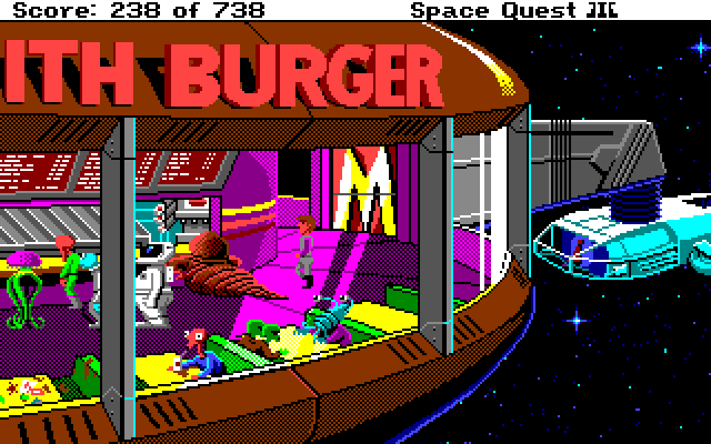 Space Quest III: The Pirates of Pestulon Amiga Screenshot: Walking on in to this fast food dive...