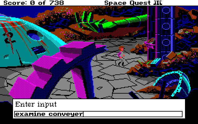 Space Quest III: The Pirates of Pestulon Amiga Screenshot: Enter commands to examine the environment.