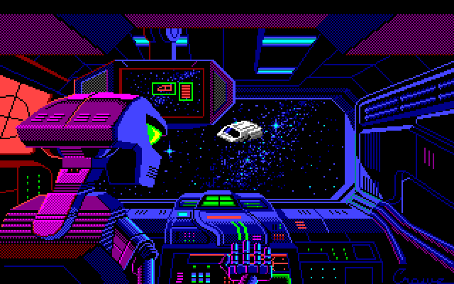 Space Quest III: The Pirates of Pestulon Amiga Screenshot: A robot commanded freighter targets Roger's ship.