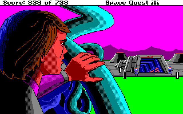 Space Quest III: The Pirates of Pestulon Amiga Screenshot: ScumSoft is heavily guarded...how can I sneak in?