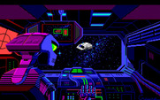 Space Quest III: The Pirates of Pestulon for Amiga - A robot commanded freighter targets Roger's ship.