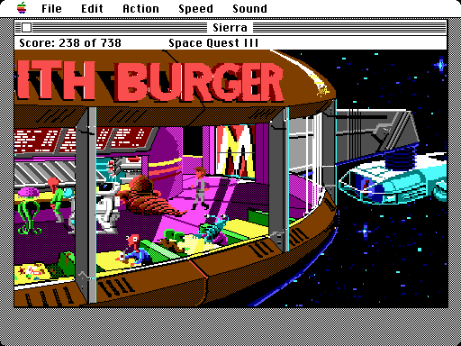 Space Quest III: The Pirates of Pestulon Macintosh Screenshot: Waltzing on in to this fast food establishment.