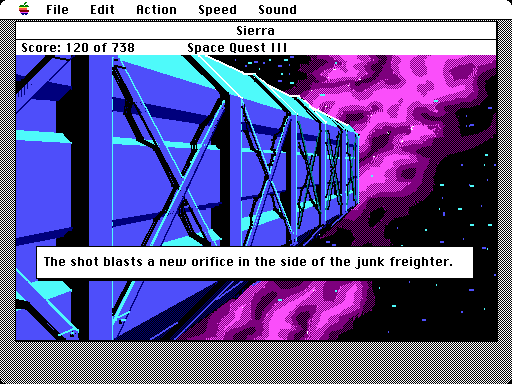 Space Quest III: The Pirates of Pestulon Macintosh Screenshot: Escaping the garbage freighter...