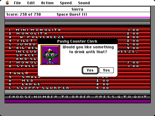 Space Quest III: The Pirates of Pestulon Macintosh Screenshot: Would you like anything to drink?