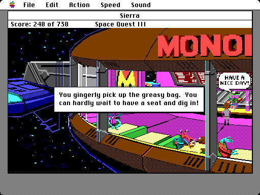 Space Quest III: The Pirates of Pestulon Macintosh Screenshot: Time to eat!