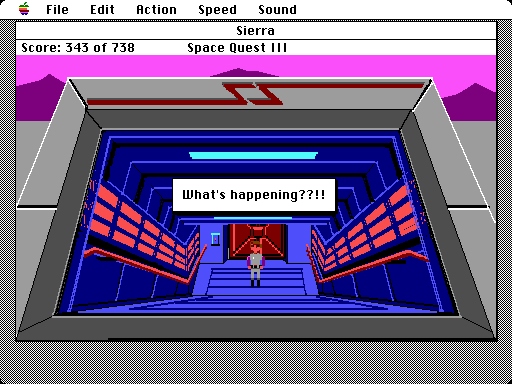 Space Quest III: The Pirates of Pestulon Macintosh Screenshot: Sneaking into Scumsoft...