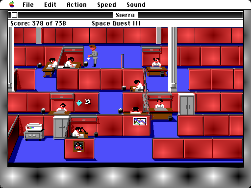 Space Quest III: The Pirates of Pestulon Macintosh Screenshot: Sneaking around disguised as a janitor...