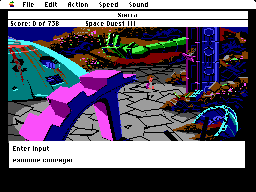 Space Quest III: The Pirates of Pestulon Macintosh Screenshot: Enter commands to search and interact with the environment.