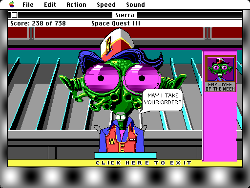 Space Quest III: The Pirates of Pestulon Macintosh Screenshot: Placing an order...