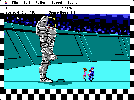 Space Quest III: The Pirates of Pestulon Macintosh Screenshot: Time for a robot battle.