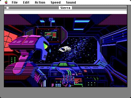 Space Quest III: The Pirates of Pestulon Macintosh Screenshot: A robot tracks Roger's escape pod...