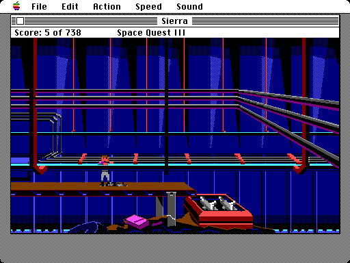 Space Quest III: The Pirates of Pestulon Macintosh Screenshot: Escaping from falling into the garbage compacter.
