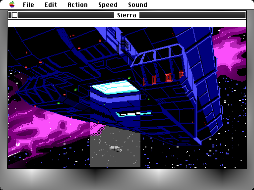 Space Quest III: The Pirates of Pestulon Macintosh Screenshot: The escape pod is beamed aboard a garbage freighter...
