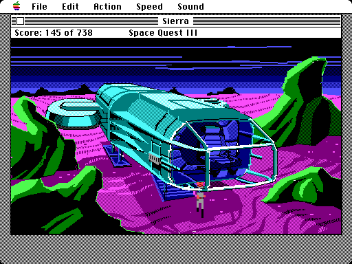 Space Quest III: The Pirates of Pestulon Macintosh Screenshot: The Aluminum Mallard has landed.