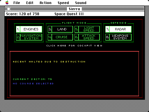Space Quest III: The Pirates of Pestulon Macintosh Screenshot: Ship menu.