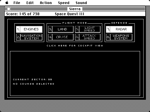 Space Quest III: The Pirates of Pestulon Macintosh Screenshot: Ship menu.