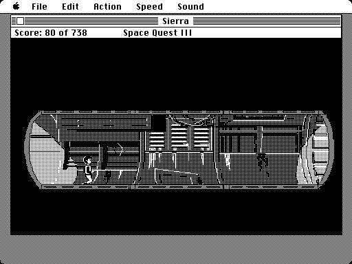 Space Quest III: The Pirates of Pestulon Macintosh Screenshot: Walking down a dangerous corridor...