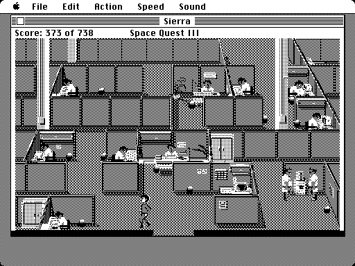 Space Quest III: The Pirates of Pestulon Macintosh Screenshot: Infiltrating ScumSoft disguised as a janitor.