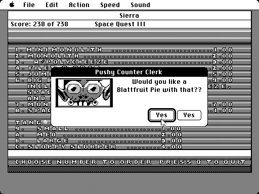 Space Quest III: The Pirates of Pestulon Macintosh Screenshot: Guess I'm also buying a Blattfruit Pie...