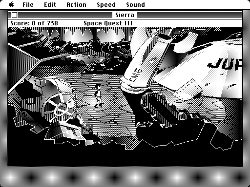Space Quest III: The Pirates of Pestulon Macintosh Screenshot: Exploring the junk freighter.