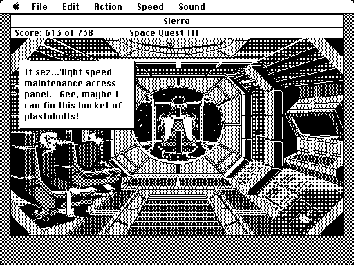 Space Quest III: The Pirates of Pestulon Macintosh Screenshot: Would you trust him to fix this ship?