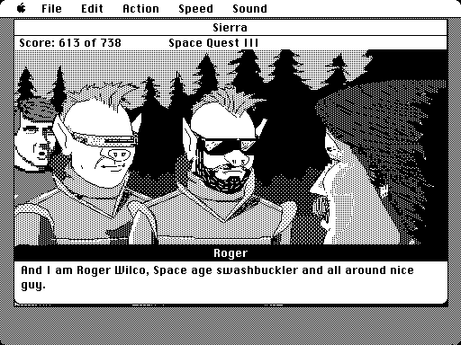 Space Quest III: The Pirates of Pestulon Macintosh Screenshot: Roger Wilco introduces himself.