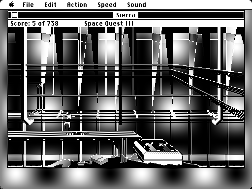 Space Quest III: The Pirates of Pestulon Macintosh Screenshot: Narrowly escaped falling into the trash grinder!