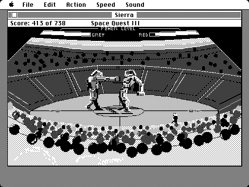 Space Quest III: The Pirates of Pestulon Macintosh Screenshot: The giant robot battle!