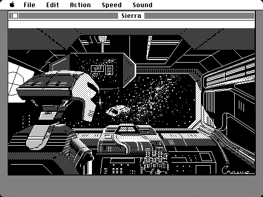Space Quest III: The Pirates of Pestulon Macintosh Screenshot: A robot tracks Roger's escape pod...