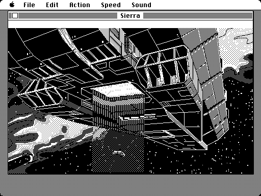 Space Quest III: The Pirates of Pestulon Macintosh Screenshot: The escape pod is beamed aboard a garbage freighter.