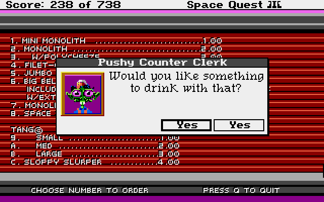 Space Quest III: The Pirates of Pestulon Atari ST Screenshot: Would you like something to drink with that?